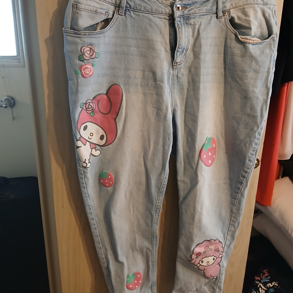 Charming Light Blue Women's Boyfriend Jeans with Cute Character Design